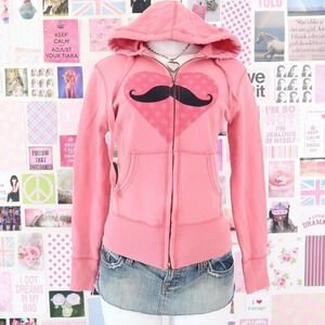 y2k pink mustache heart zip up hoodie polka dot size S/M